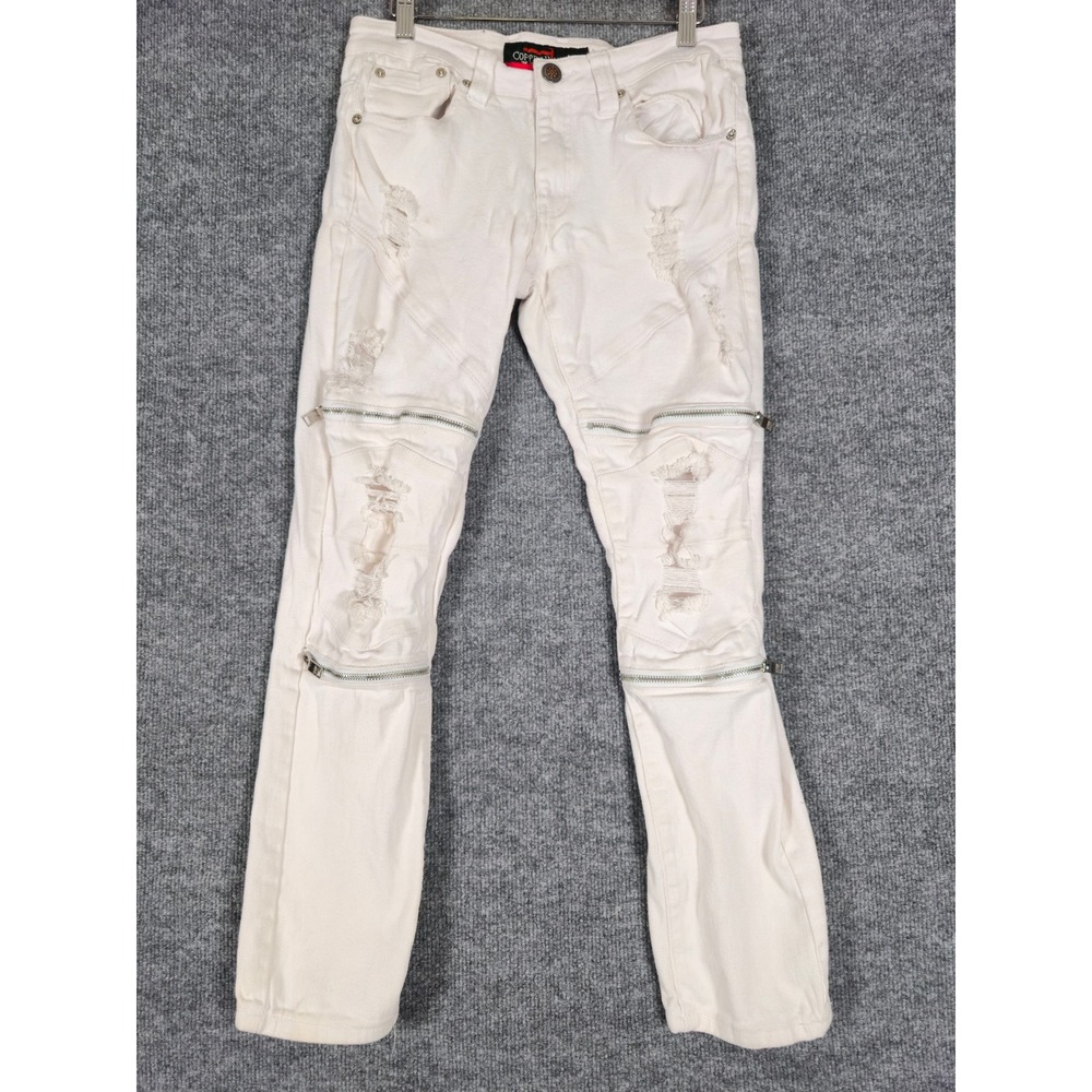 Copper Rivet Mens White Distressed Zip Detail Jeans Size Small‎